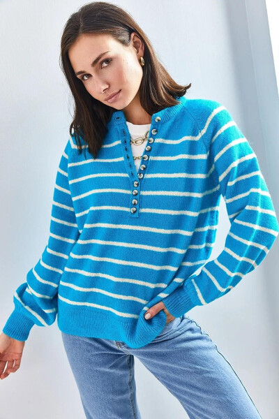 Women's Buttoned Fisherman Neck Striped Knit Sweater - 14