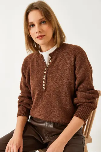 Women's Buttoned Fisherman's Collar Striped Knitted Sweater 20223207-Coffee - 1