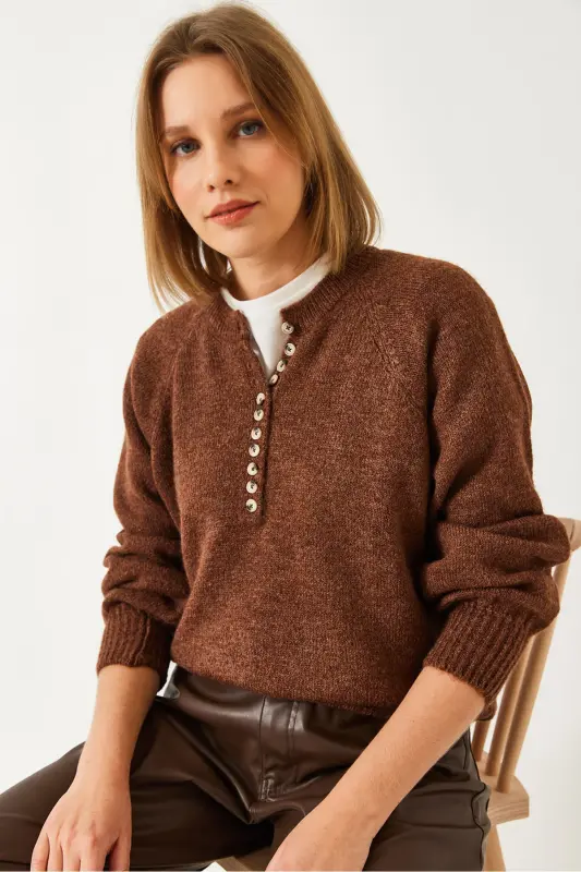 Women's Buttoned Fisherman's Collar Striped Knitted Sweater 20223207-Coffee - 1