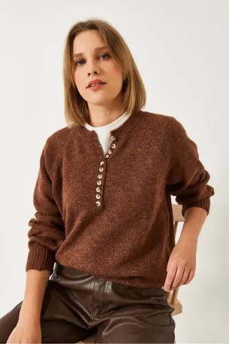 Women's Buttoned Fisherman's Collar Striped Knitted Sweater 20223207-Coffee - BIANCO LUCCI (1)