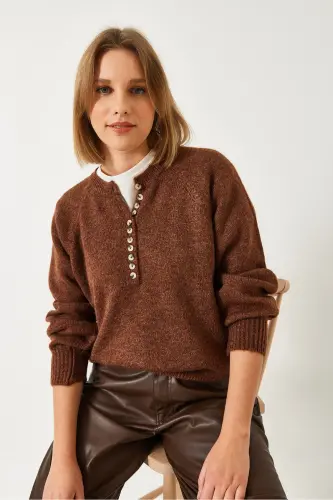 Women's Buttoned Fisherman's Collar Striped Knitted Sweater 20223207-Coffee - 3