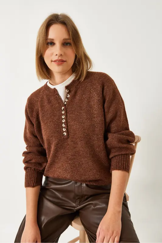 Women's Buttoned Fisherman's Collar Striped Knitted Sweater 20223207-Coffee - 3