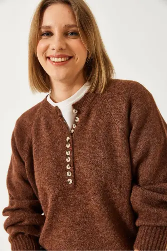 Women's Buttoned Fisherman's Collar Striped Knitted Sweater 20223207-Coffee - 4