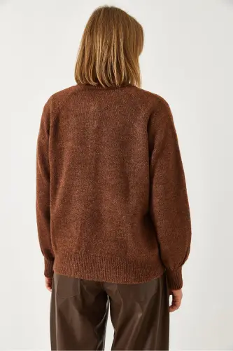 Women's Buttoned Fisherman's Collar Striped Knitted Sweater 20223207-Coffee - 5