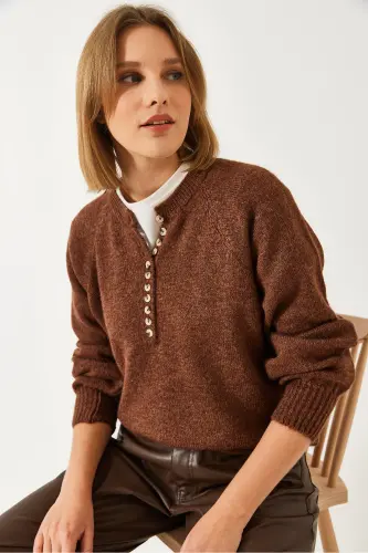 Women's Buttoned Fisherman's Collar Striped Knitted Sweater 20223207-Coffee - 6