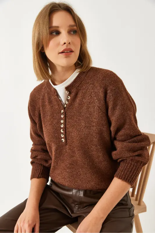 Women's Buttoned Fisherman's Collar Striped Knitted Sweater 20223207-Coffee - 6