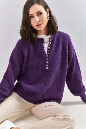 Women's Buttoned Fisherman's Collar Striped Knitwear Sweater-Purple - 1