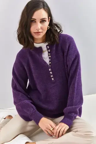 Women's Buttoned Fisherman's Collar Striped Knitwear Sweater-Purple - 2