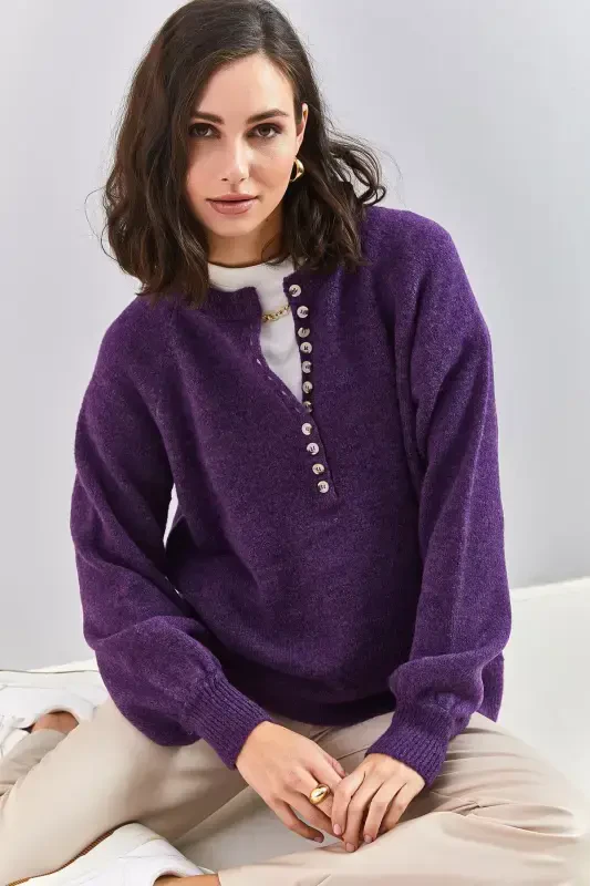 Women's Buttoned Fisherman's Collar Striped Knitwear Sweater-Purple - 2