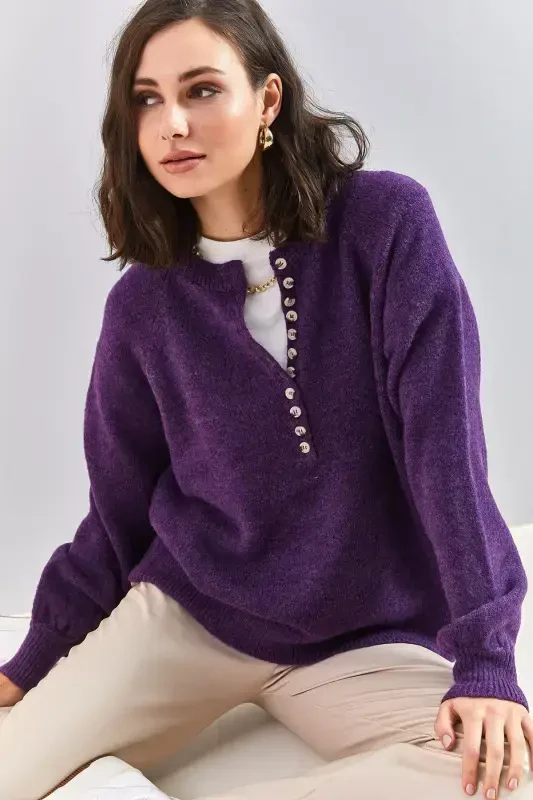 Women's Buttoned Fisherman's Collar Striped Knitwear Sweater-Purple - 3