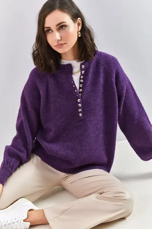 Women's Buttoned Fisherman's Collar Striped Knitwear Sweater-Purple - 5