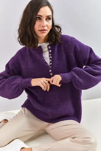 Women's Buttoned Fisherman's Collar Striped Knitwear Sweater-Purple - 6