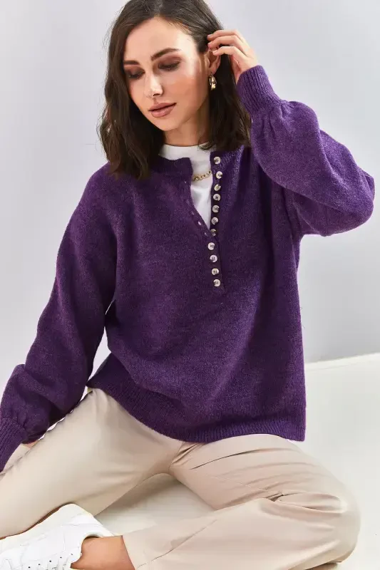 Women's Buttoned Fisherman's Collar Striped Knitwear Sweater-Purple - 7