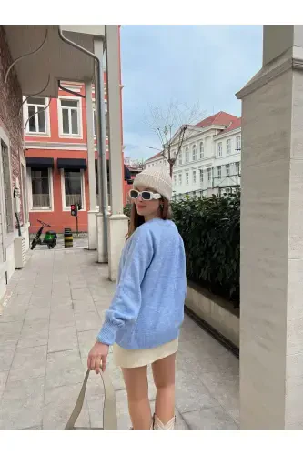 Women's Buttoned Fisherman's Ribbed Knit Sweater - Sky Blue - 2