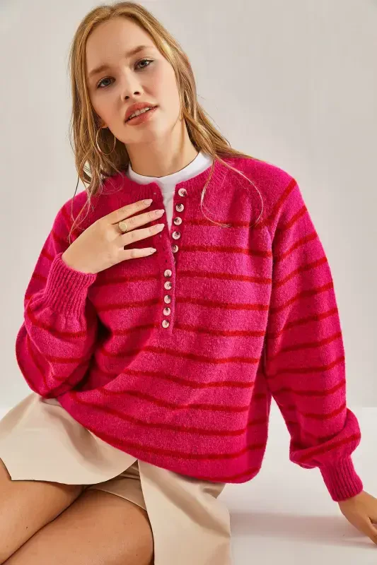 Women's Buttoned Fisherman's Ribbed Knitted Sweater-Fuchsia - BIANCO LUCCI