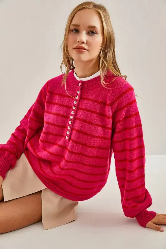 Women's Buttoned Fisherman's Ribbed Knitted Sweater-Fuchsia - 2