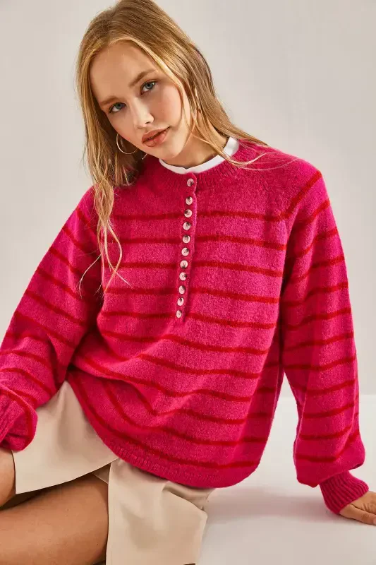 Women's Buttoned Fisherman's Ribbed Knitted Sweater-Fuchsia - 3