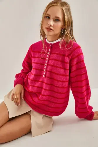 Women's Buttoned Fisherman's Ribbed Knitted Sweater-Fuchsia - 4