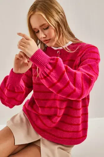 Women's Buttoned Fisherman's Ribbed Knitted Sweater-Fuchsia - 5