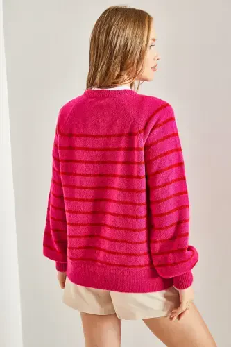 Women's Buttoned Fisherman's Ribbed Knitted Sweater-Fuchsia - 6
