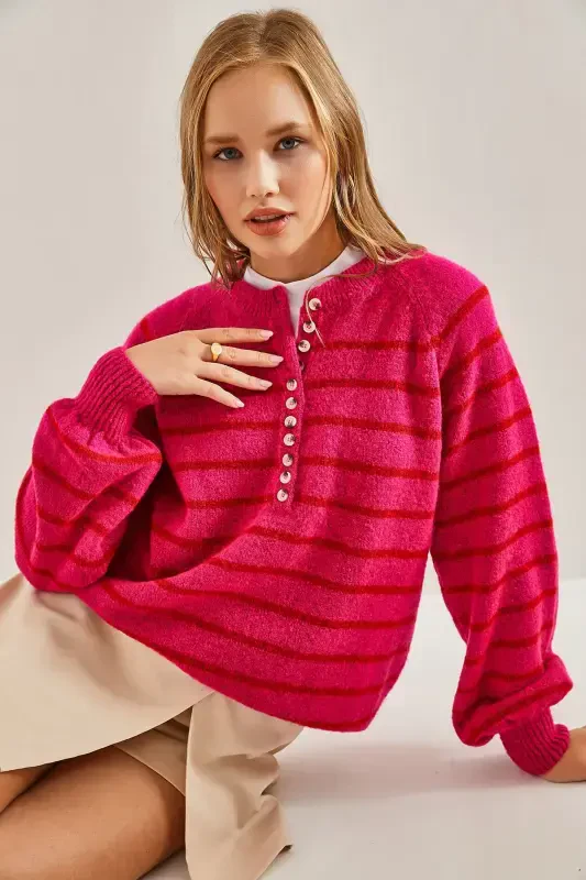 Women's Buttoned Fisherman's Ribbed Knitted Sweater-Fuchsia - 7