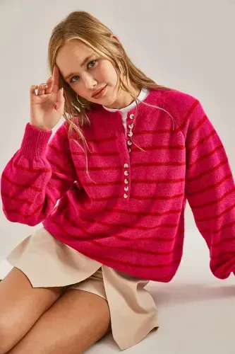 Women's Buttoned Fisherman's Ribbed Knitted Sweater-Fuchsia - 8