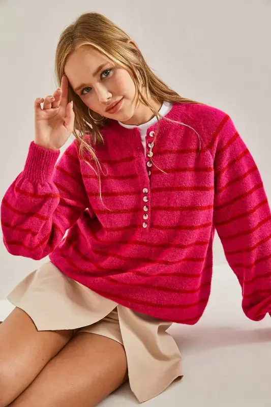 Women's Buttoned Fisherman's Ribbed Knitted Sweater-Fuchsia - 8