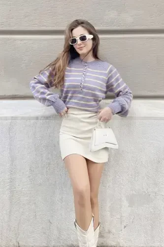 Women's Buttoned Fisherman's Ribbed Knitted Sweater-Lilac - 2