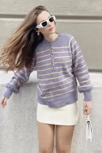 Women's Buttoned Fisherman's Ribbed Knitted Sweater-Lilac - 3