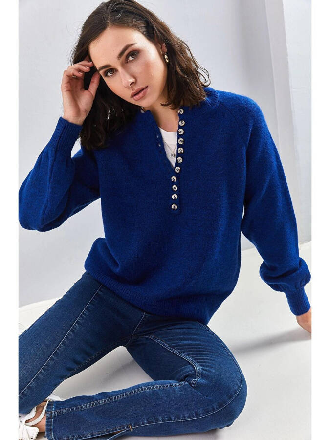 Women's Buttoned Fisherman's Ribbed Knitted Sweater-Navy Blue - 2