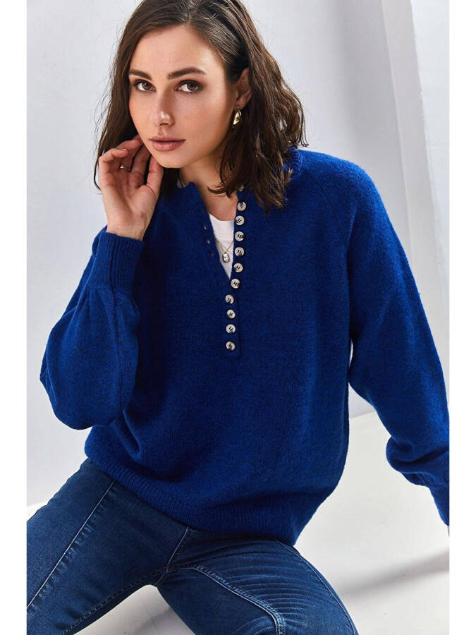 Women's Buttoned Fisherman's Ribbed Knitted Sweater-Navy Blue - 3