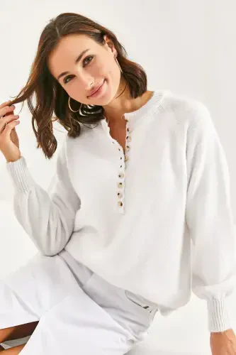 Women's Buttoned Fisherman's Ribbed Knitted Sweater-Optical White - 1