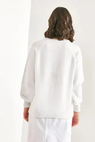 Women's Buttoned Fisherman's Ribbed Knitted Sweater-Optical White - BIANCO LUCCI (1)