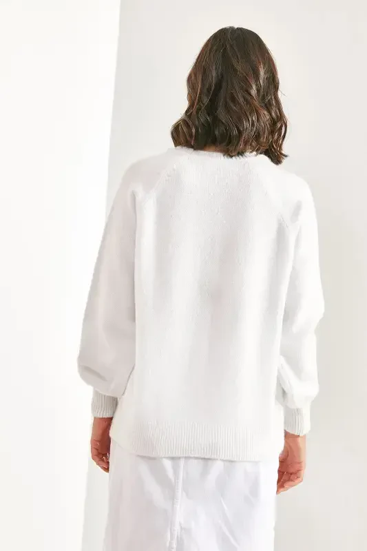 Women's Buttoned Fisherman's Ribbed Knitted Sweater-Optical White - 2