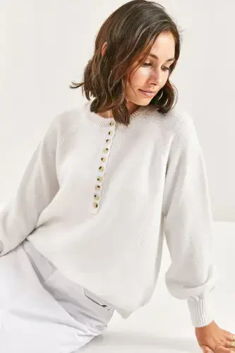 Women's Buttoned Fisherman's Ribbed Knitted Sweater-Optical White - 3