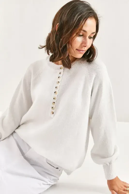 Women's Buttoned Fisherman's Ribbed Knitted Sweater-Optical White - 3