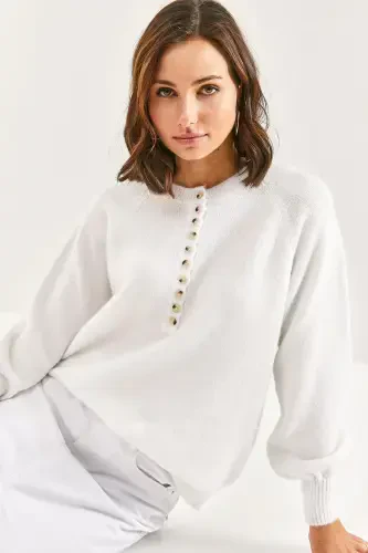 Women's Buttoned Fisherman's Ribbed Knitted Sweater-Optical White - 4