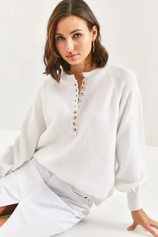 Women's Buttoned Fisherman's Ribbed Knitted Sweater-Optical White - 5