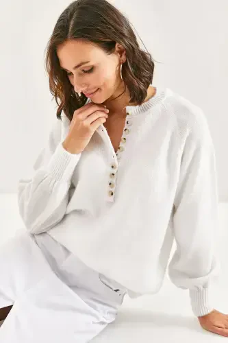 Women's Buttoned Fisherman's Ribbed Knitted Sweater-Optical White - 6