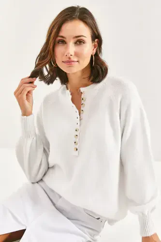 Women's Buttoned Fisherman's Ribbed Knitted Sweater-Optical White - 7