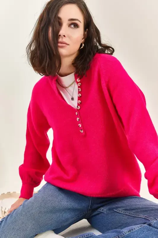 Women's Buttoned Fisherman's Ribbed Knitwear Jumper-Pink - 1
