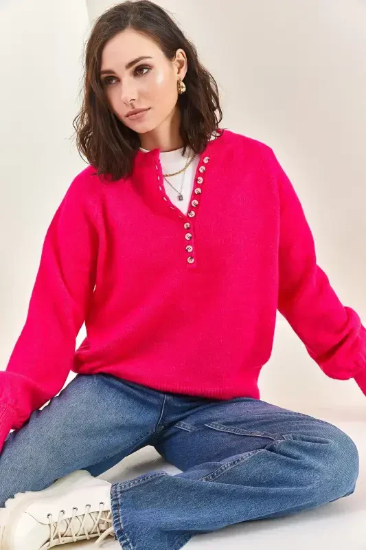 Women's Buttoned Fisherman's Ribbed Knitwear Jumper-Pink - 3