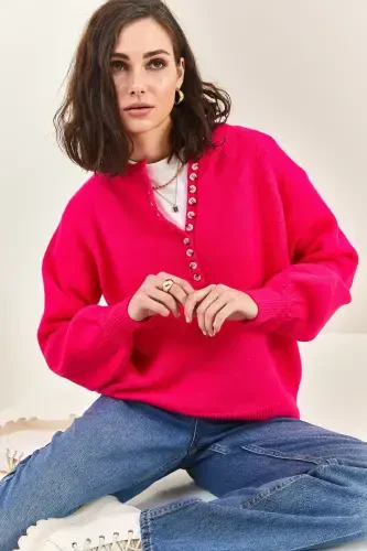 Women's Buttoned Fisherman's Ribbed Knitwear Jumper-Pink - 4