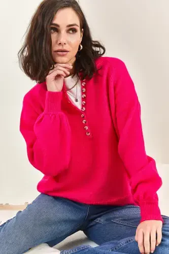 Women's Buttoned Fisherman's Ribbed Knitwear Jumper-Pink - 5