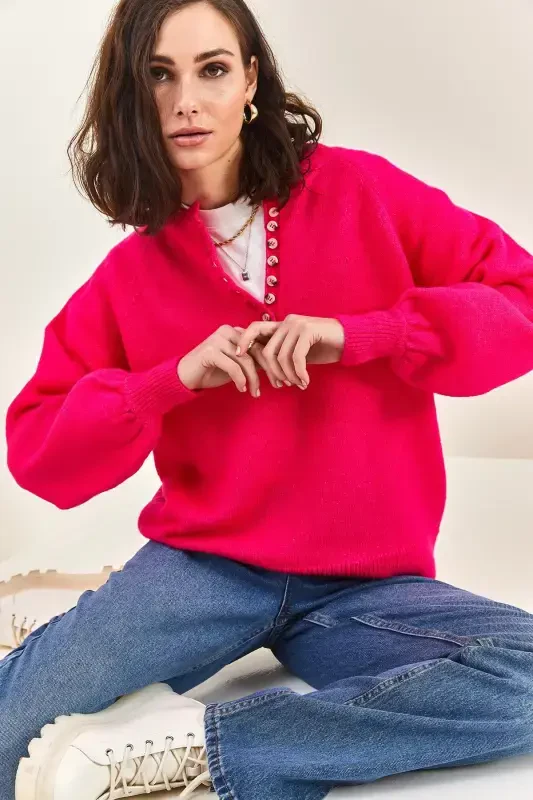 Women's Buttoned Fisherman's Ribbed Knitwear Jumper-Pink - 7