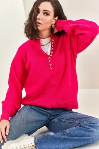 Women's Buttoned Fisherman's Ribbed Knitwear Jumper-Pink - 8