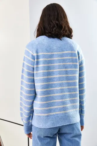 Women's Buttoned Fisherman's Ribbed Striped Knit Sweater-Baby Blue - 8
