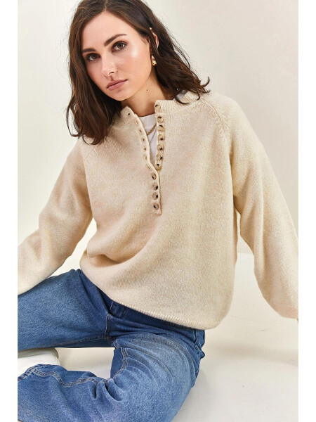 Women's Buttoned Fisherman's Ribbed Striped Knitted Sweater-Ecru - LC WAIKIKI