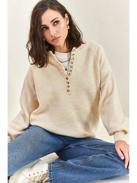 Women's Buttoned Fisherman's Ribbed Striped Knitted Sweater-Ecru - LC WAIKIKI (1)