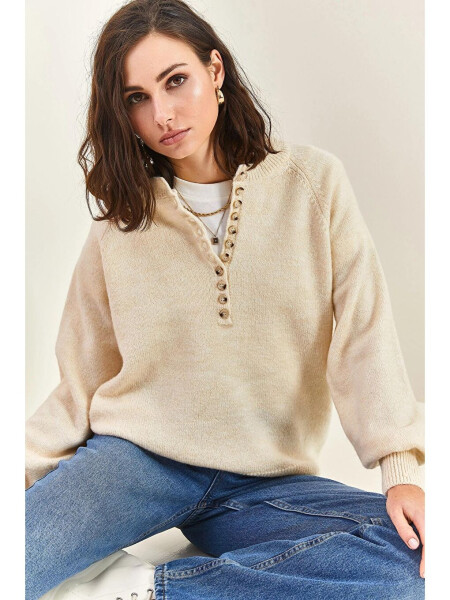 Women's Buttoned Fisherman's Ribbed Striped Knitted Sweater-Ecru - 3